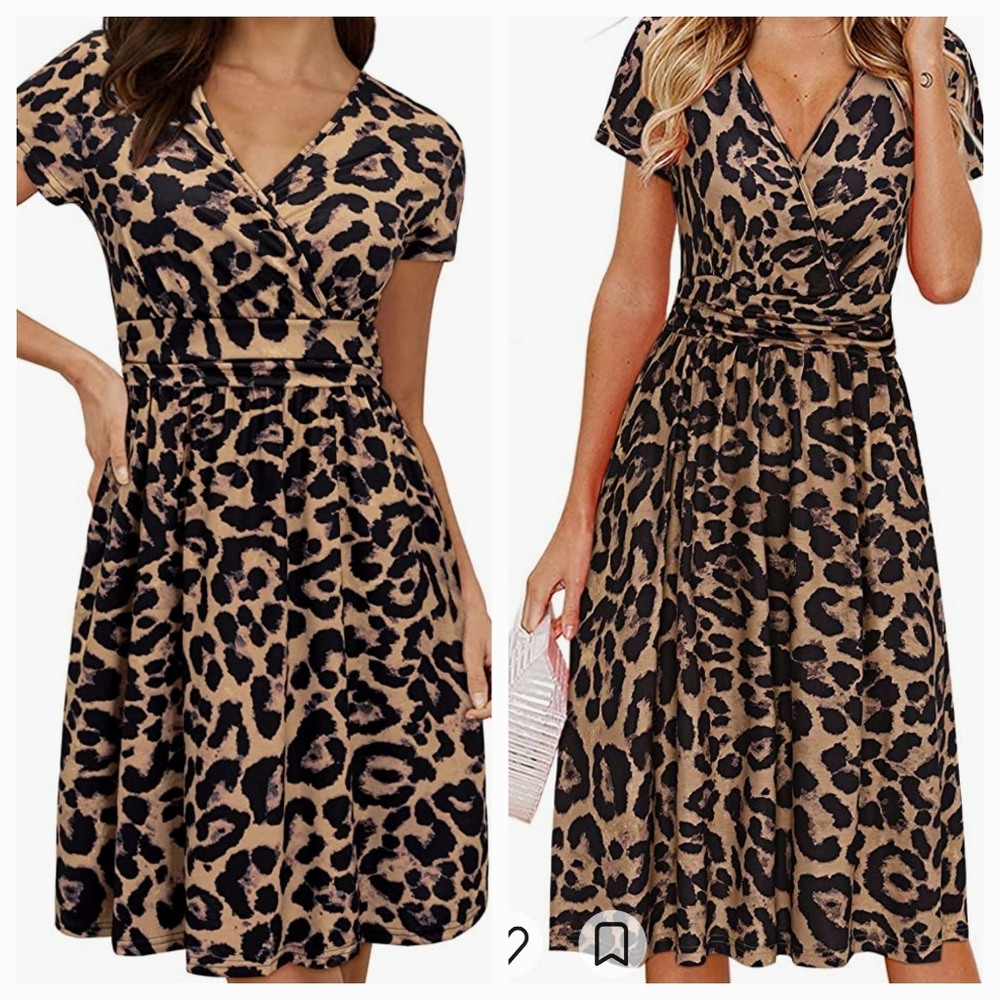 OUGES Women's Summer Short Sleeve V-Neck Dress with Pockets